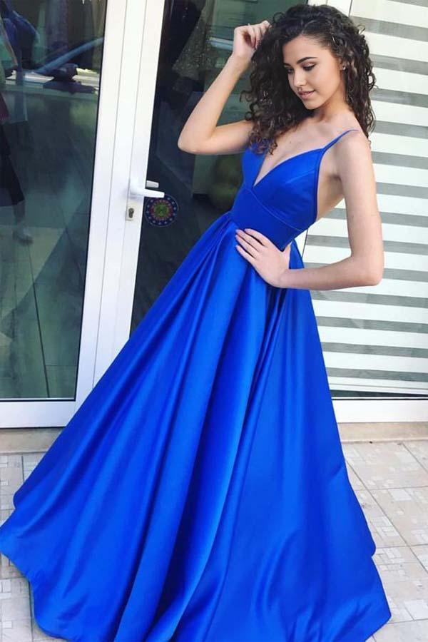 Wholesa A-Line Spaghetti Straps Floor-Length Satin Royal Blue Prom Dress