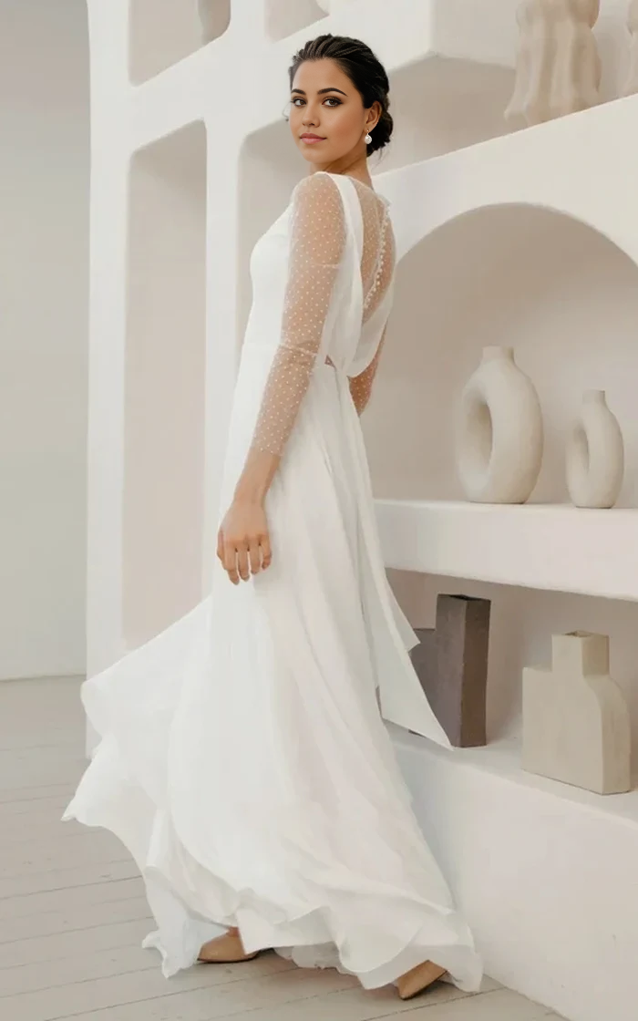 Wholesa A-Line Chiffon Minimalist Sleeved Pearl Button Low Back Bridal Gown Wedding Dress