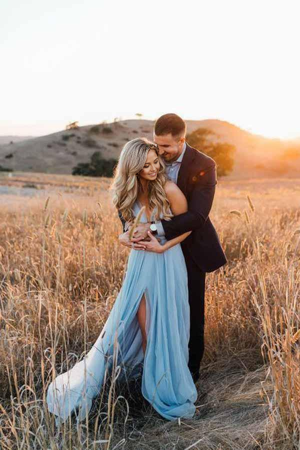 Wholesa Beach Split Sky Blue Rustic Wedding Dresses Wedding Gown with Court Train