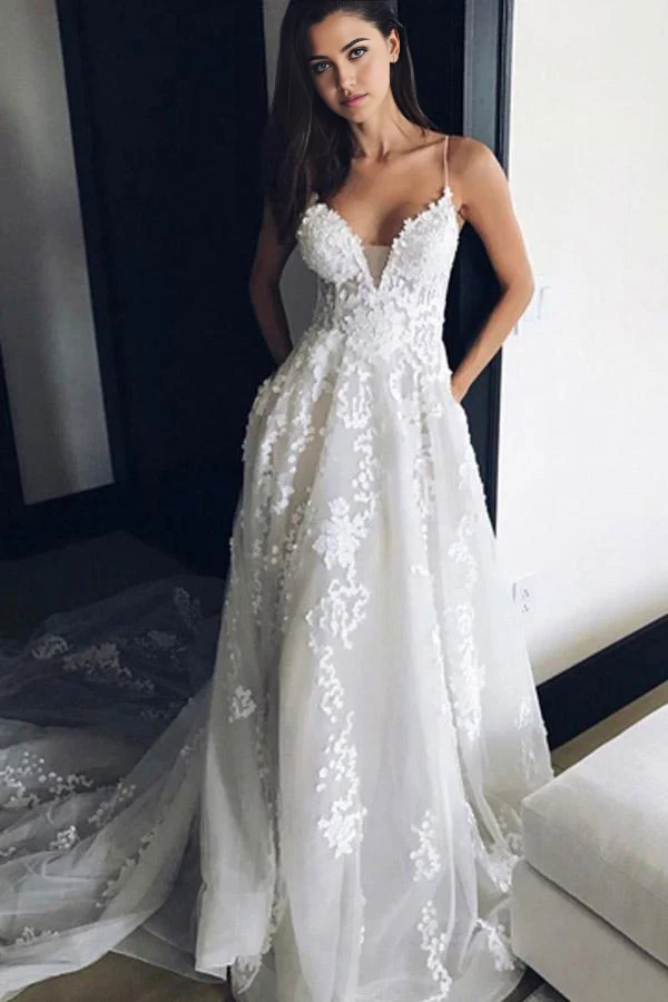 Wholesa A-line V Neck Spaghetti Straps Appliques Court Train Tulle Wedding Dress