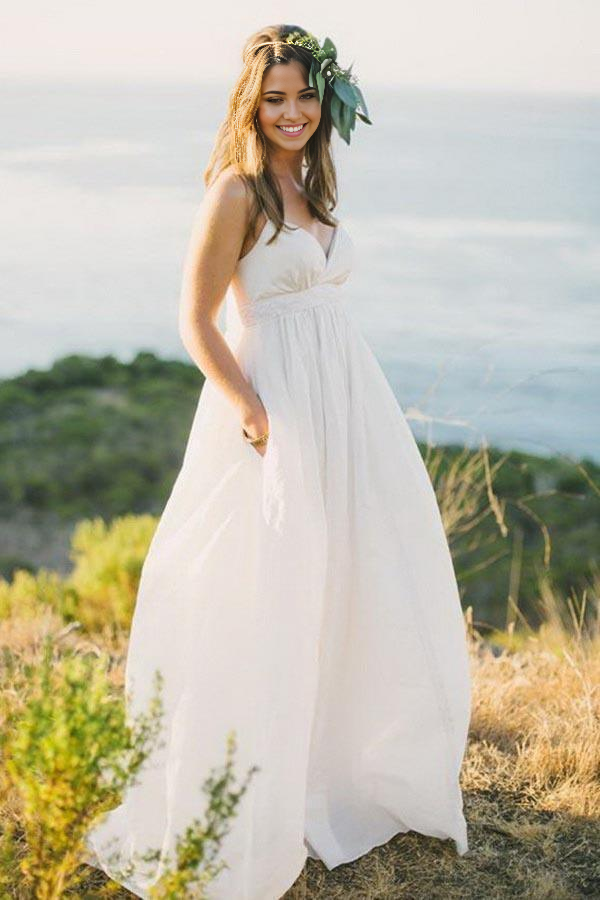 Wholesa A-Line Spaghetti Straps Sweep Train Chiffon Wedding Dress
