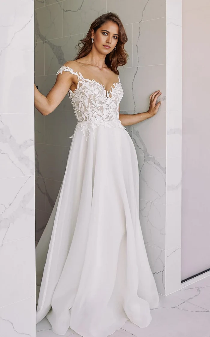 Wholesa A-Line V-Neck Floor Length Chiffon Wedding Dress With Appliques