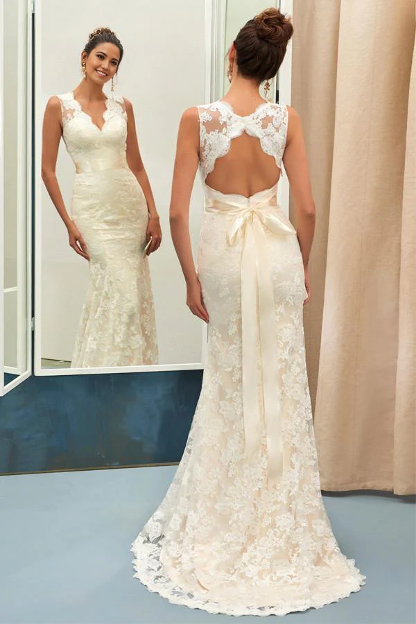Wholesa Mermaid Sheath Charming V Neck Lace Wedding Dress With Sashes