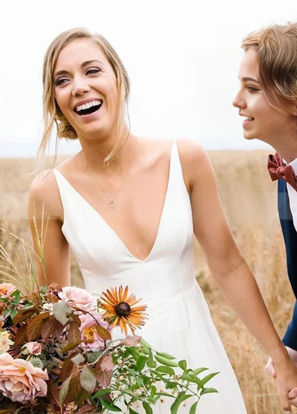 Wholesa A Line Deep V Neck Sleeveless Chiffon Simple Long Beach Wedding Dress