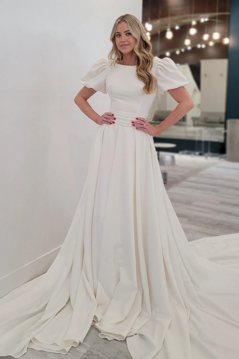 Wholesa A-line Puff Sleeves Satin Sweeping Long Wedding Dress
