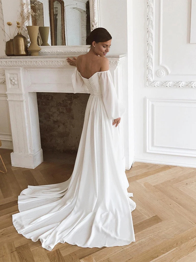 Wholesa Beach Off the Shoulder Chiffon Long-Sleeve Wedding Dresses