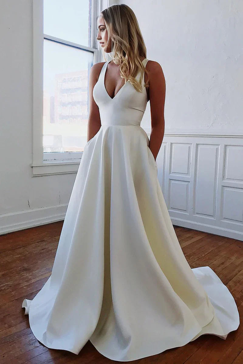 Wholesa A-Line V-Neck Long Wedding Dress with Bow-Knot
