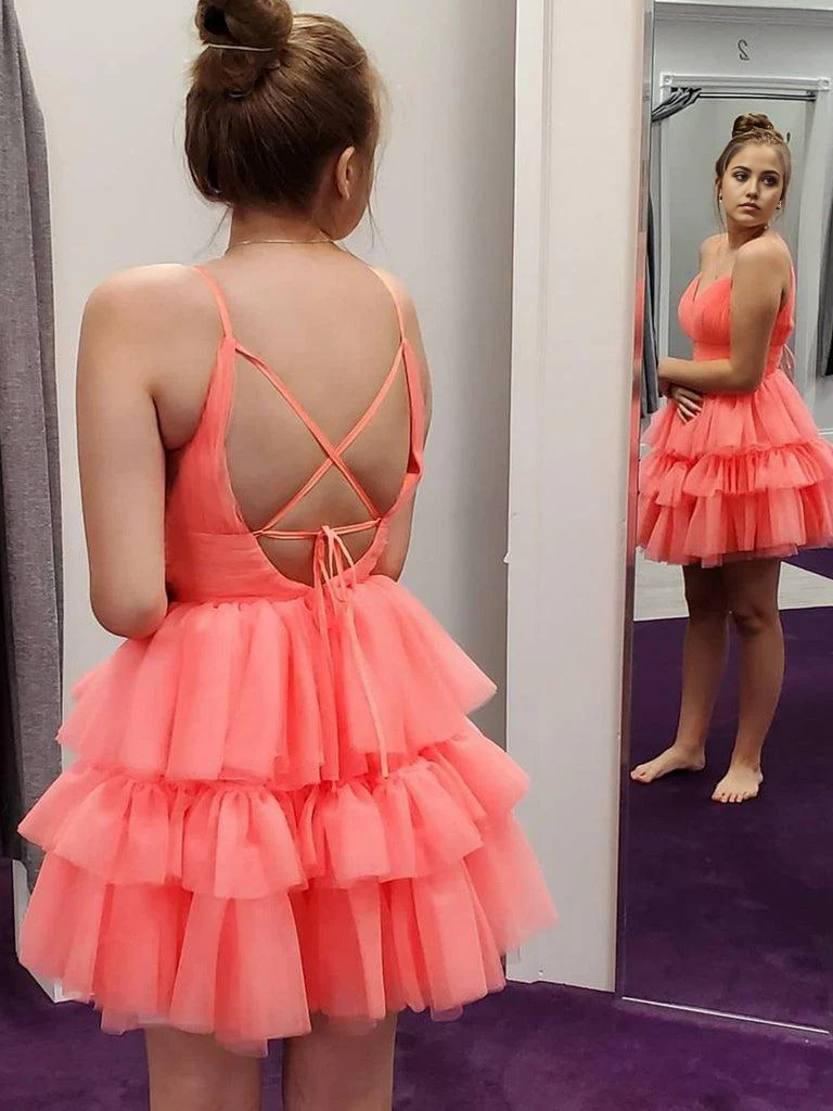 Wholesa A-line V Neck Layered Coral Short Prom Dresses Homecoming Dresses