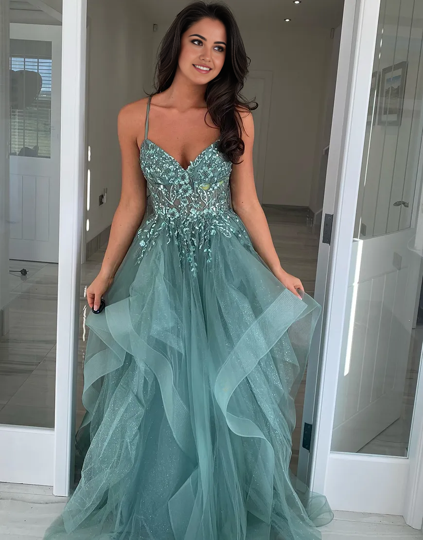 Wholesa A-Line Spaghetti Straps Appliques Sparkly Grey Blue Ruffle Tulle Long formal dresses evening dress Prom Dress