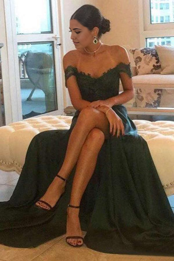 Wholesa A-line Off-the-shoulder Dark Green Split Prom Dresses Evening Dresses