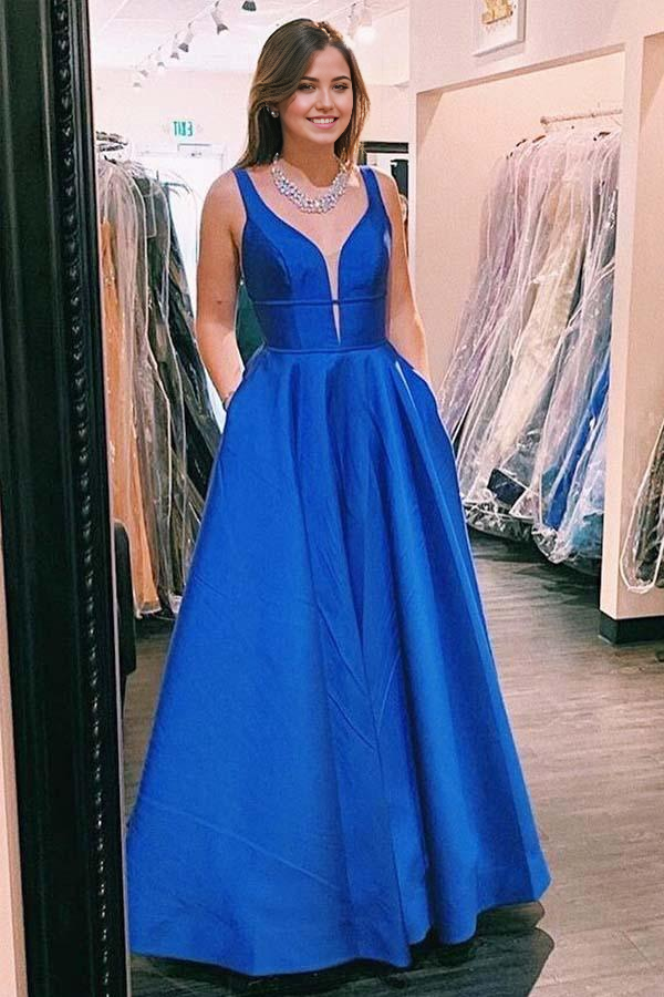 Wholesa A-line V neck Blue Satin Long Prom Dresses Formal Dress with Pockets