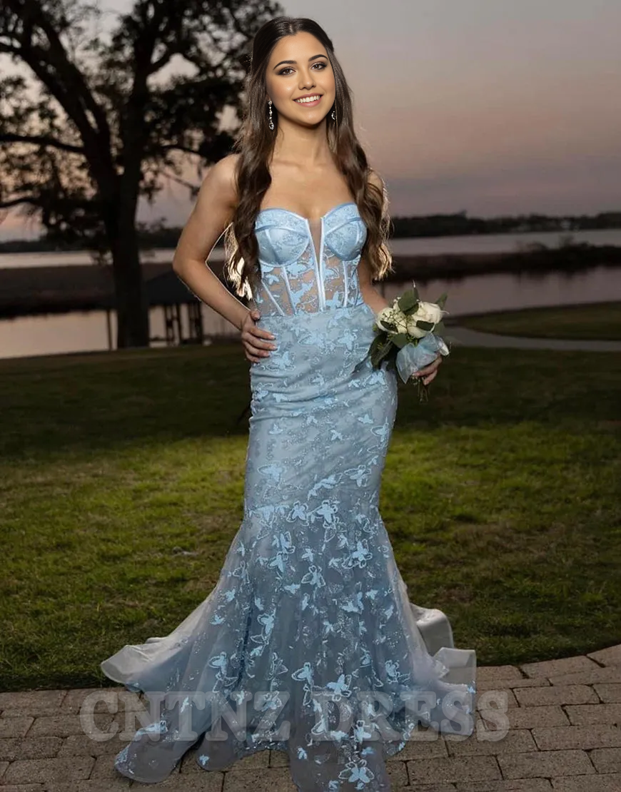 Wholesa Mermaid Gougeous Strapless Long Light Blue formal dresses evening gown Prom Dress With Appliques