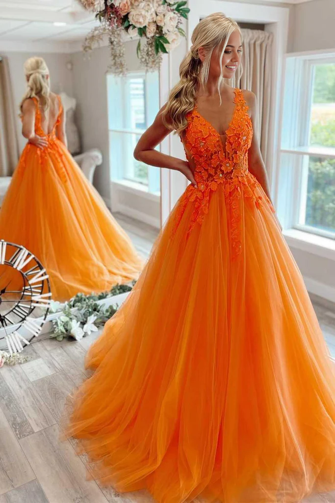 Wholesa A-line V-Neck Gorgeous Orange Floral Tulle Long Prom Evening Dress
