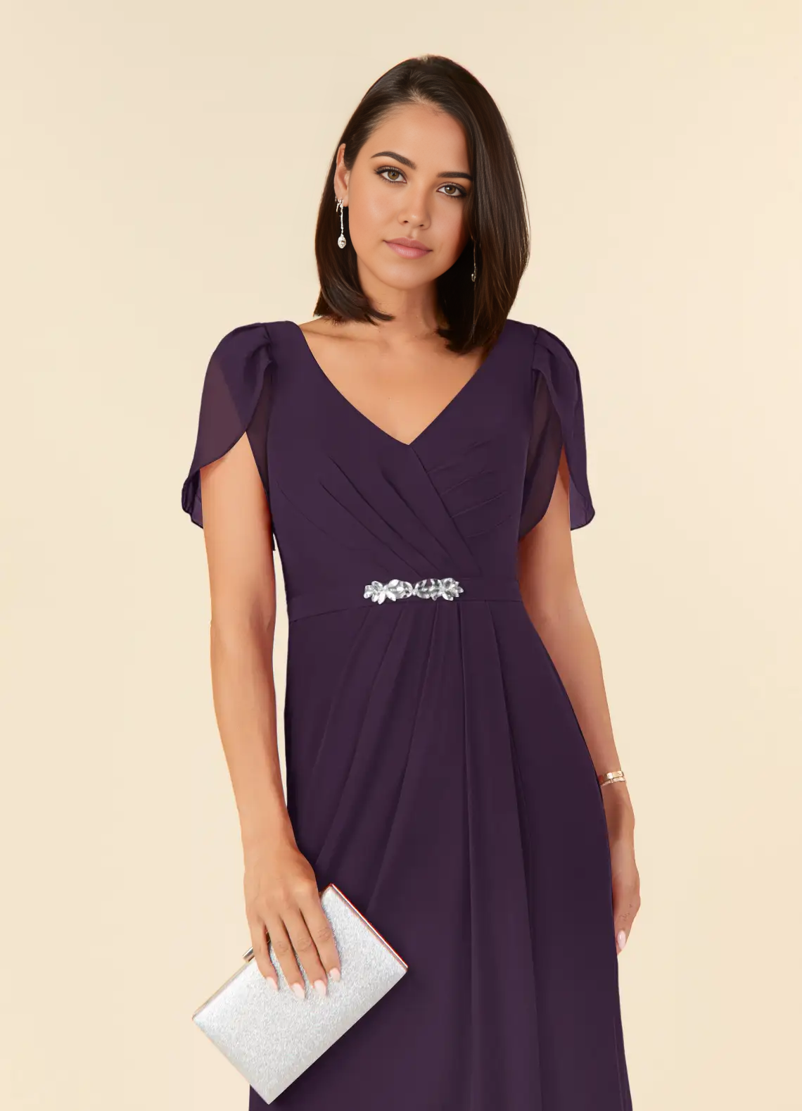 Wholesa Sheath V-Neck Pleated Chiffon Plum Mother of the Bride Dresses