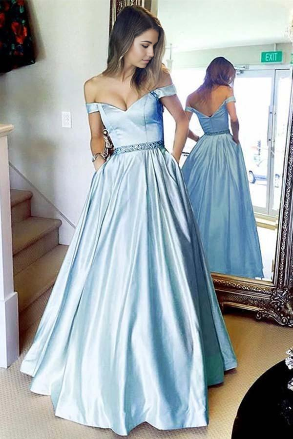 Wholesa A-line Simple Off the shoulder Blue Long Prom Dress with Pocket
