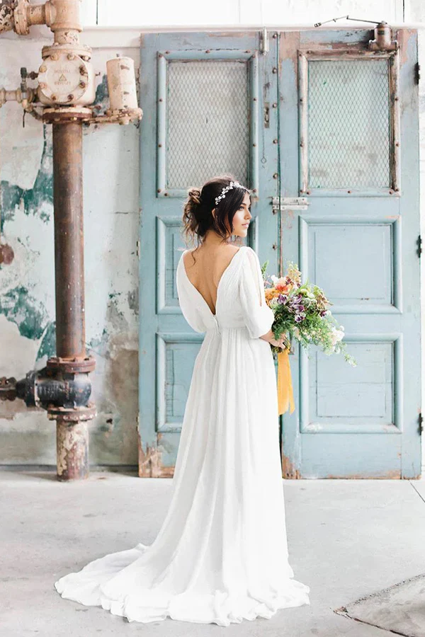 Wholesa A-line V-neck Half-sleeve Simple Chiffon Wedding Dress