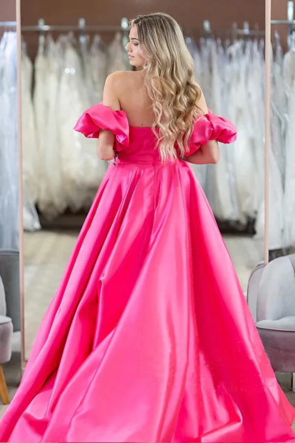 Wholesa Simple Off The Shoulder Hot Pink Puff Sleeves Prom Evening Dresses