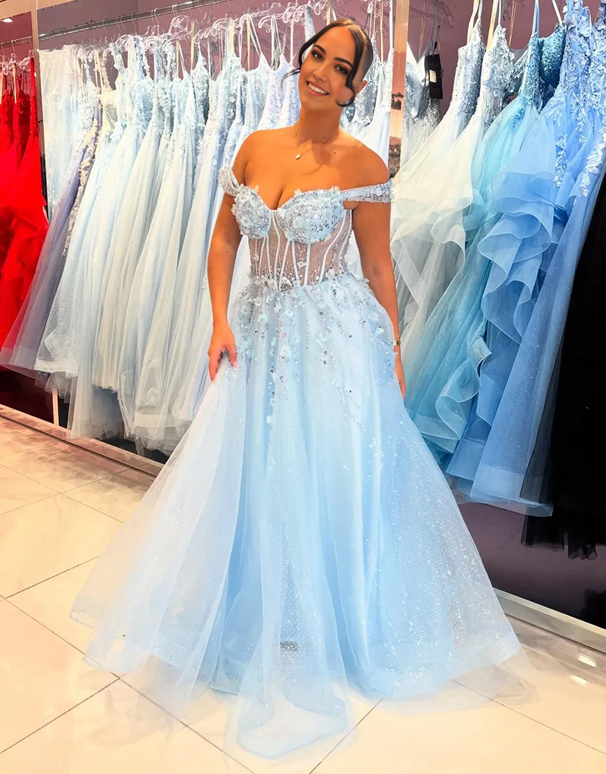 Wholesa A-Line Off the Shoulder Sparkly Sky Blue Corset Flowers Tulle formal dresses evening dress Long Prom Dress