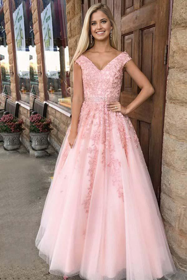 Wholesa A-line V-Neck Cap Sleeves Tulle Beaded Appliques Pink Prom Dress