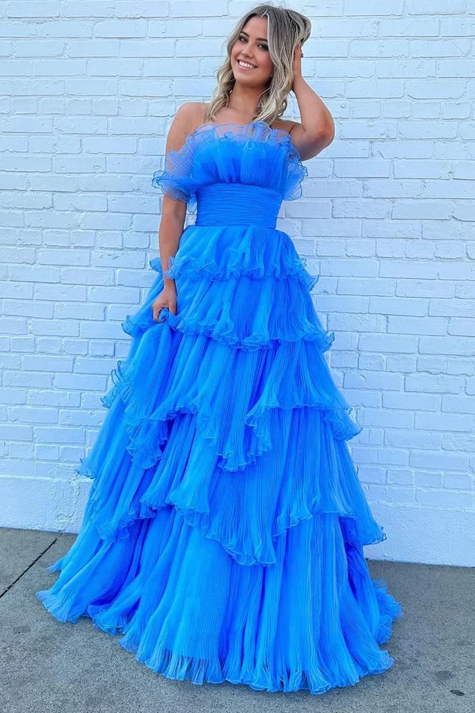 Wholesa A Line Strapless Charming Long Prom Dress with Ruffles