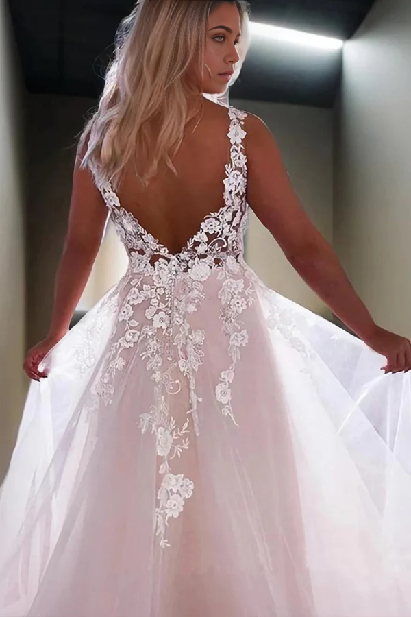 Wholesa A-line Princess V-Neck Appliques Sweep Train Wedding Dresses With Lace