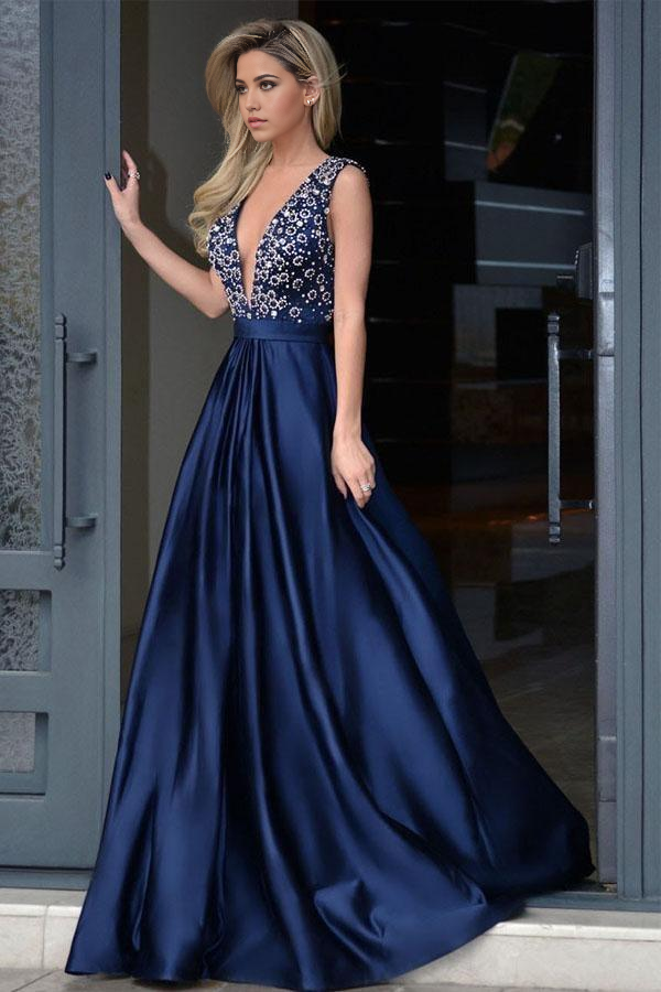 Wholesa A-line V-neck Royal Blue Satin Beading formal dresses evening gown Prom Dresses With Sweep Train