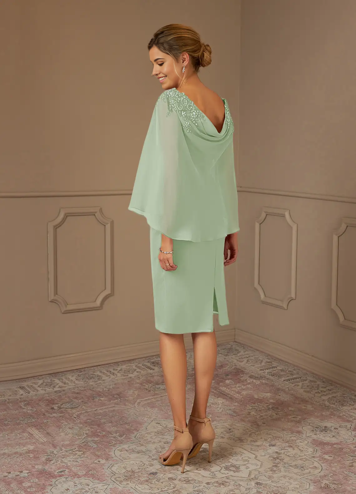 Wholesa Sheath Lace Chiffon Tea Length Dusty Sage formal dresses evening dress Mother of the Bride Dresses