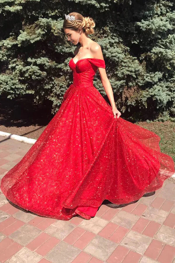 Wholesa A-line Off Shoulder Sparkly Tulle Long Prom Dresses Evening Dresses