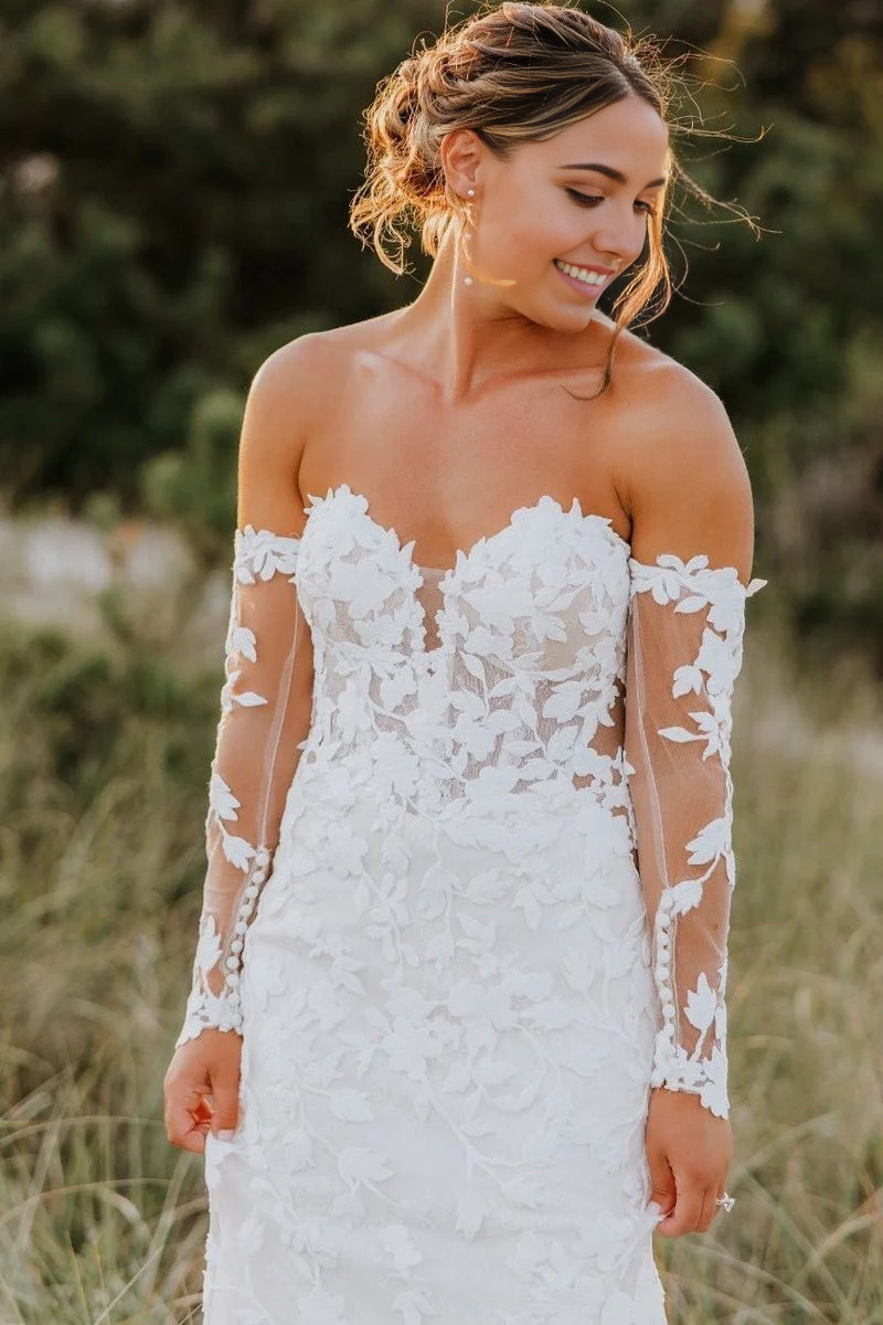 Wholesa Mermaid Appliques Sweetheart Tulle Wedding Dresses with Sleeves