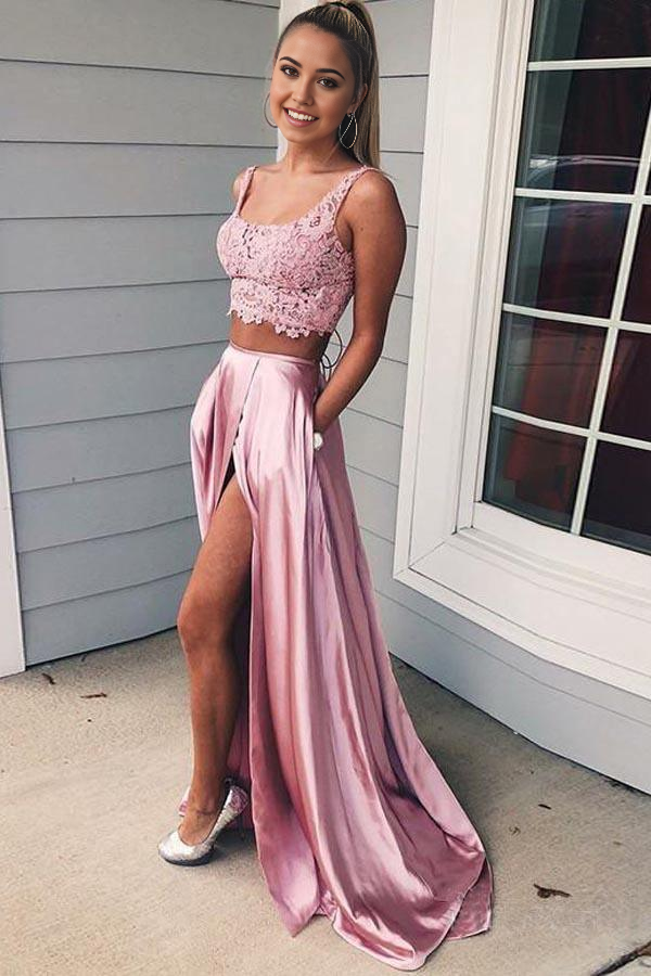 Wholesa Two Piece A-line Lace Candy Pink Prom dresses Formal Dress