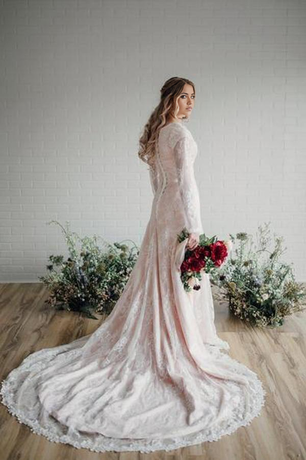 Wholesa Bodycon Long Sleeve Round Neck Lace Bridal Gown Wedding Dress