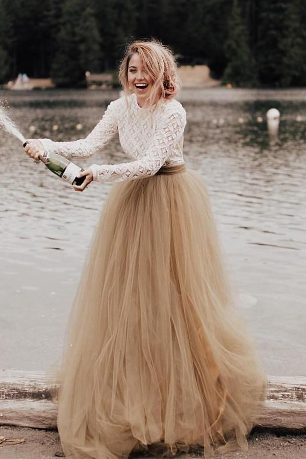 Wholesa A-Line Long Sleeve Backless Princess Gown Bridal Gown Wedding Dress
