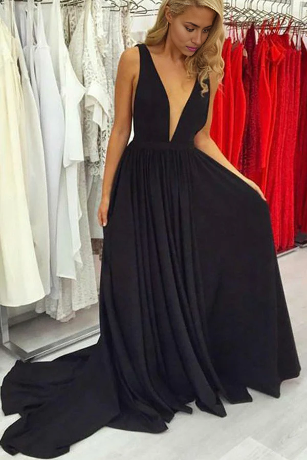 Wholesa A-line Deep V-neck Open Back Satin Long Prom Dresses with Straps