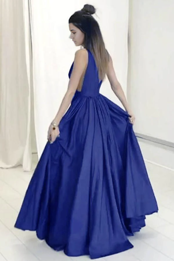 Wholesa A-Line Deep V-Neck Sweep Train Royal Blue formal dresses evening gown Prom Dress with Ruched