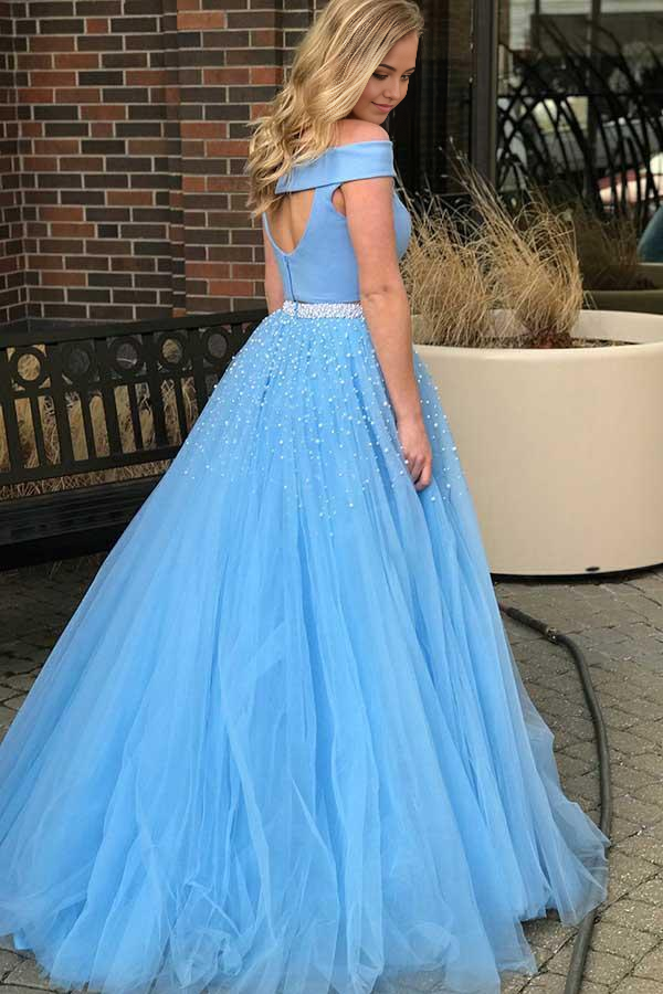Wholesa Two Piece Open Back Tulle Blue Prom Dress with Beading