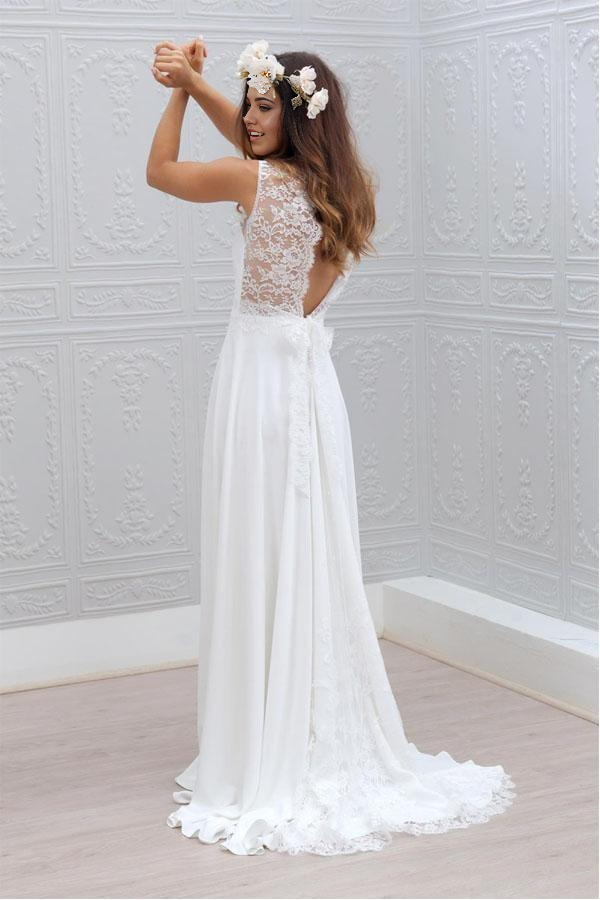 Wholesa Elegant V-Neck Lace Sleeveless Bowknot Chiffon White Wedding Dress