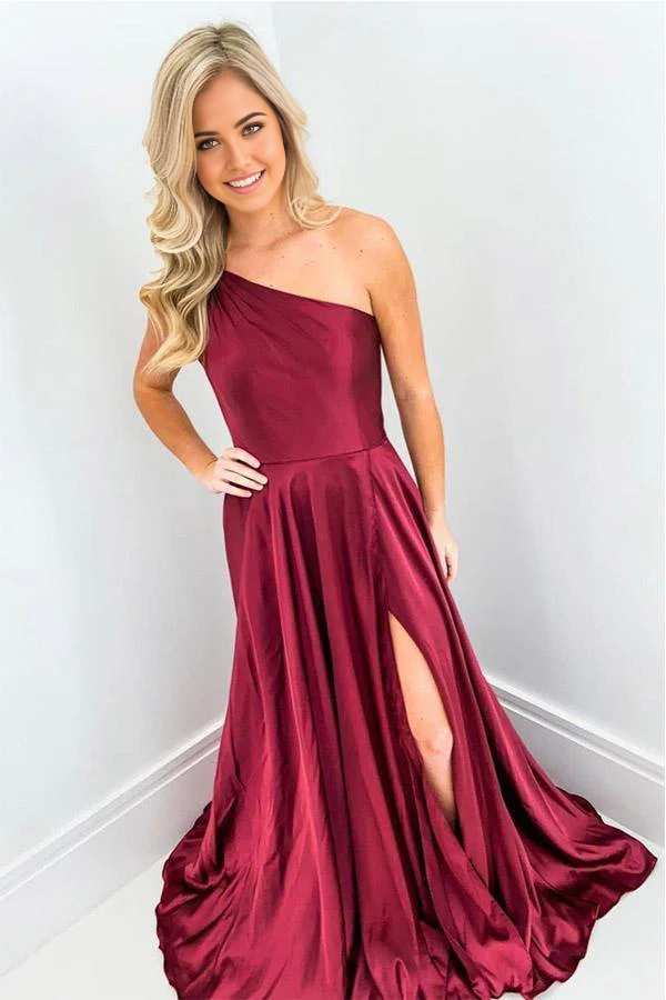 Wholesa Elegant One Shoulder Wine Red Long Prom Dresses Formal Dress with Split