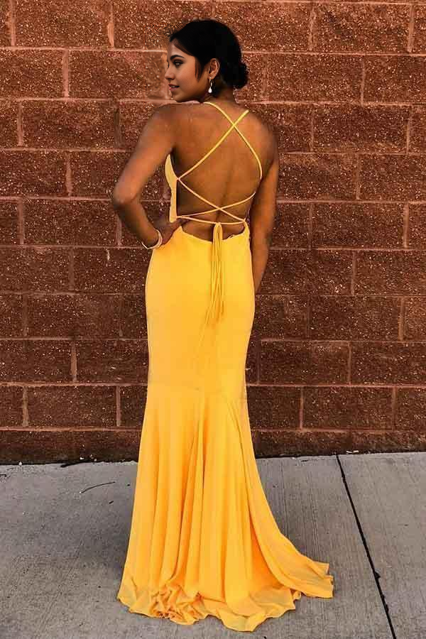 Wholesa Mermaid Sexy Satin Yellow Criss Cross Long Prom Dress Evening Dress