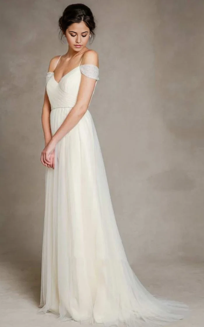 Wholesa A-Line Off-the-Shoulder Spaghetti Straps Tulle Long Wedding Dress