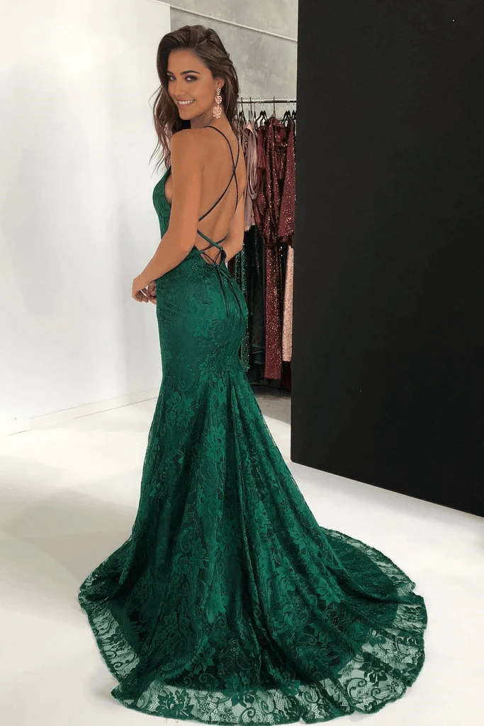 Wholesa Mermaid Spaghetti Straps Lace Backless Burgundy Prom Dress