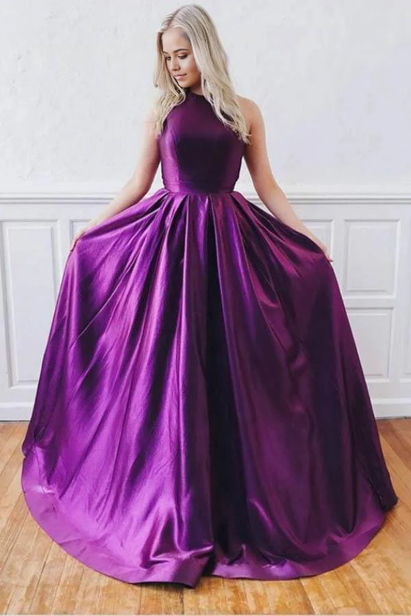 Wholesa A-Line Backless Long Crossed Straps Purple Satin Prom Dresses Formal Dress