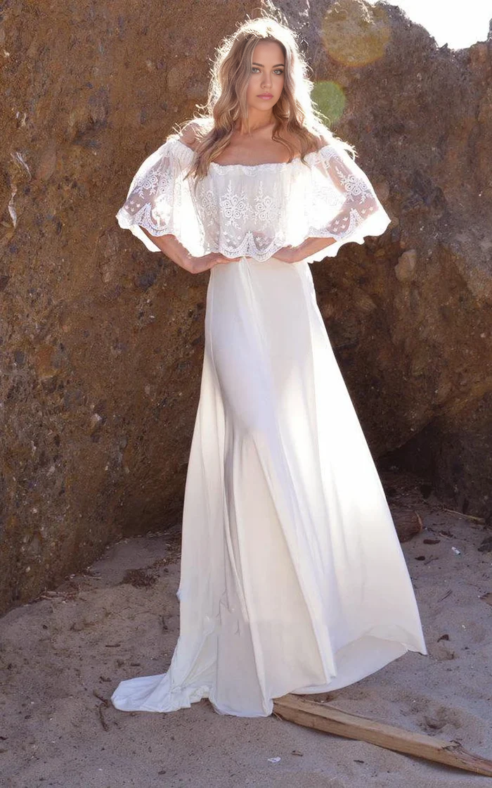 Wholesa A-line Off-The-Shoulder Lace Jersey Dress With Embroideries Ruffles