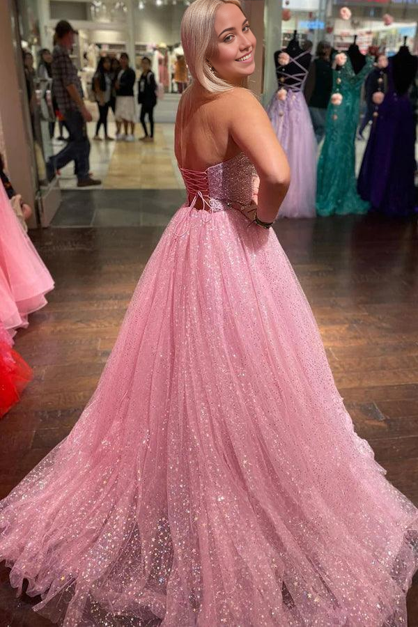 Wholesa A-Line Sparkly Strapless Floor Length Tulle Light Pink Long Prom Dress