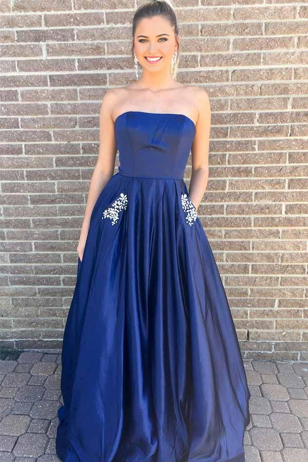 Wholesa A-line Princess Strapless Royal Blue Long Prom Dress with Pockets