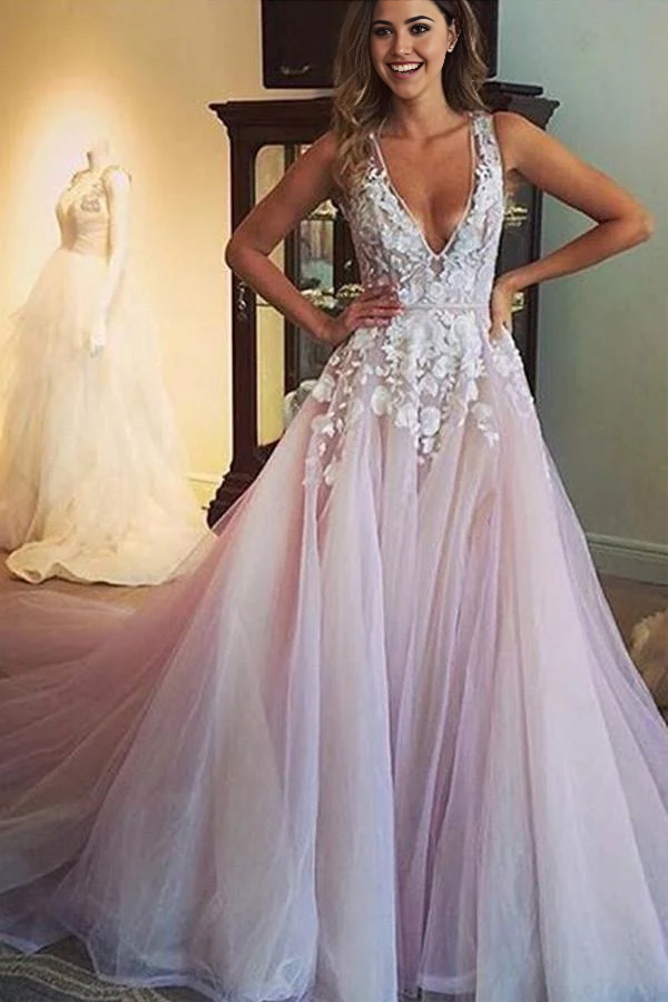 Wholesa A-line Scoop V-neck Long Wedding Dress Prom Dress with Appliques