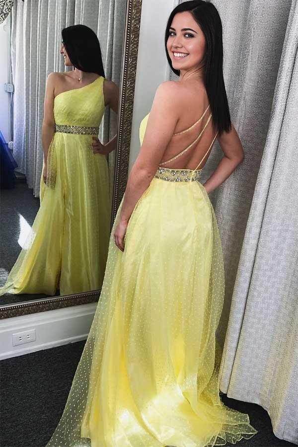 Wholesa A-line One Shoulder Ruched Yellow Long Prom Dresses Formal Dress