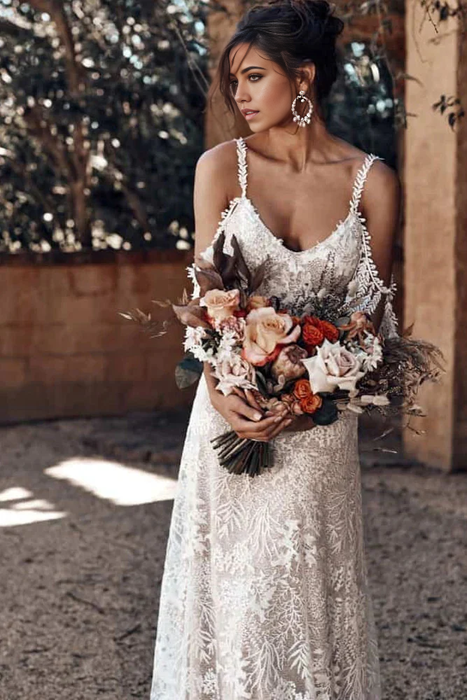 Wholesa Beach Mermaid Scoop Neckline Backless Ivory Bohemian Wedding Dress