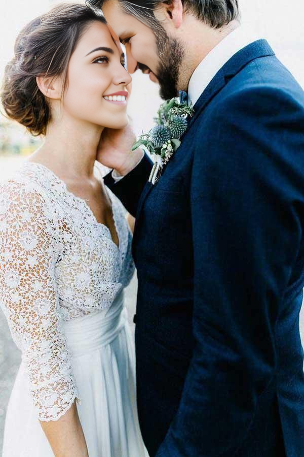 Wholesa A-line Through Backless 3/4 Sleeve See Lace Chiffon Wedding Dresses