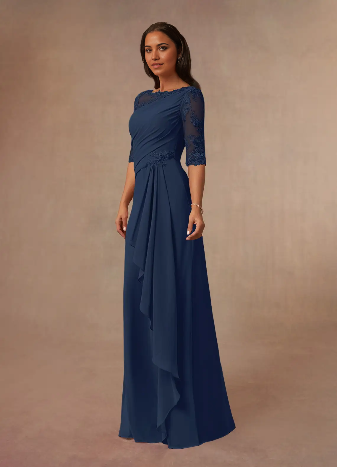 Wholesa A-Line Boatneck Lace Chiffon Dark Navy formal dresses evening dress Mother of the Bride Dresses