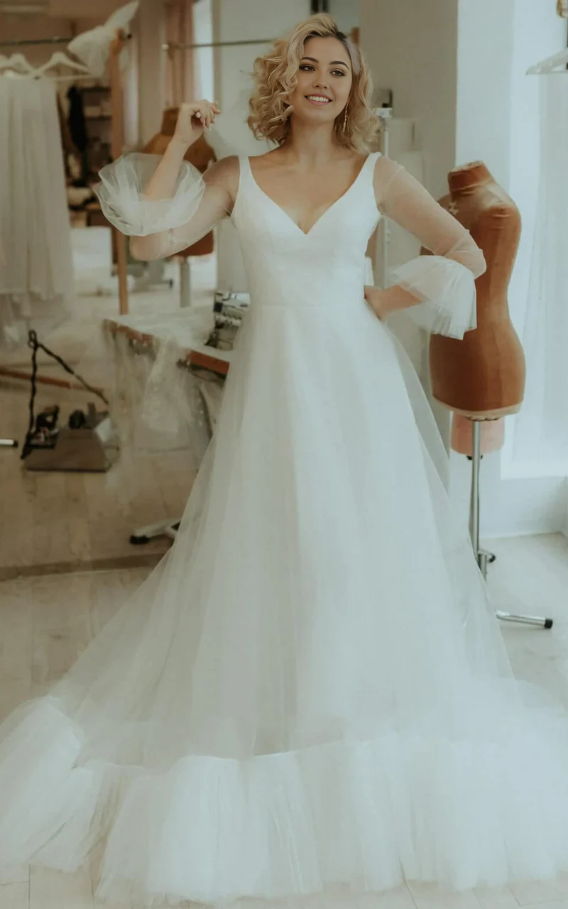 Wholesa A Line Tulle V-neck Bell Simple Wedding Dress with Ruching